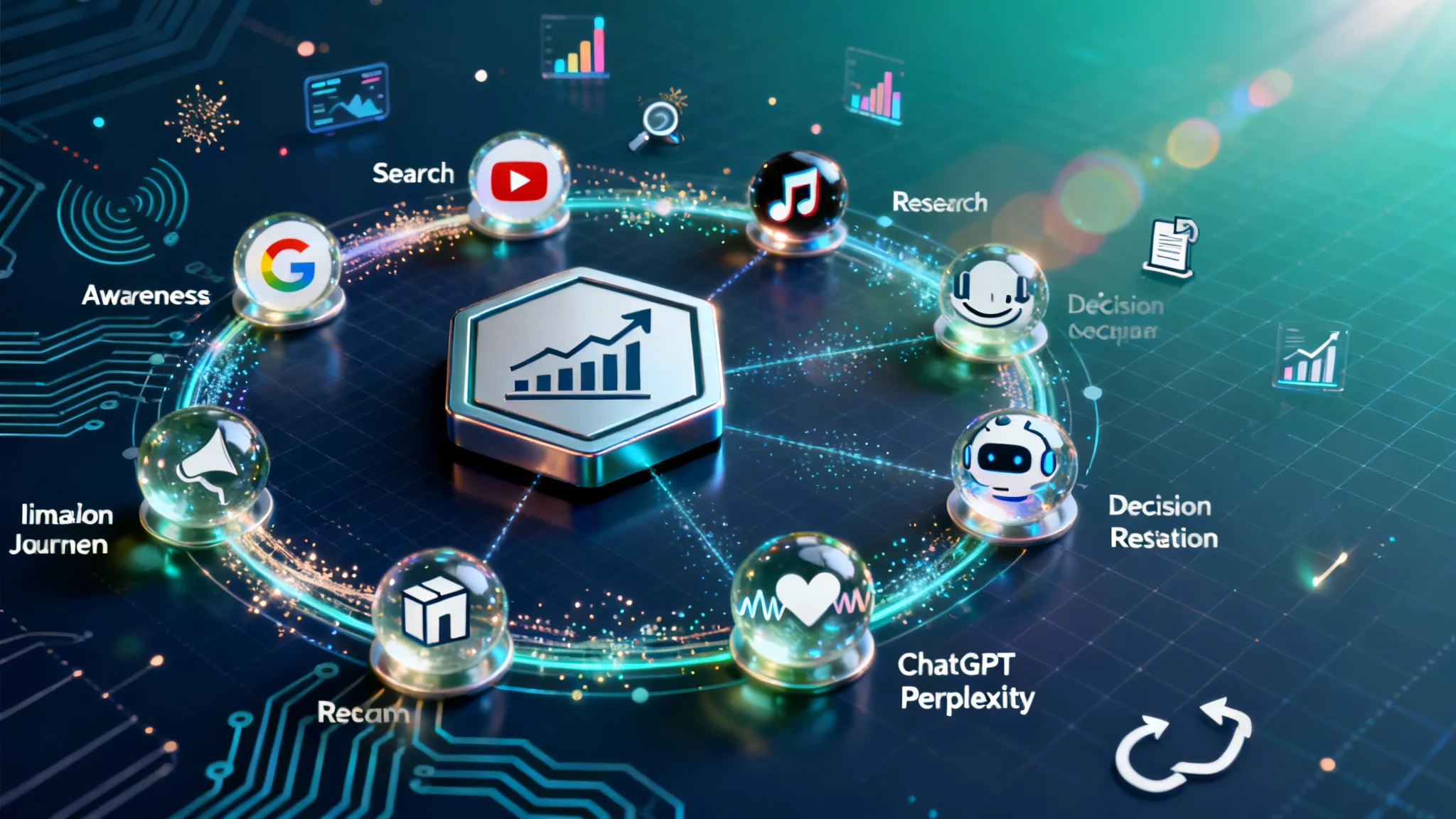 Blog 5 Multi-platform SEO strategy illustration with connected social media and search platform icons